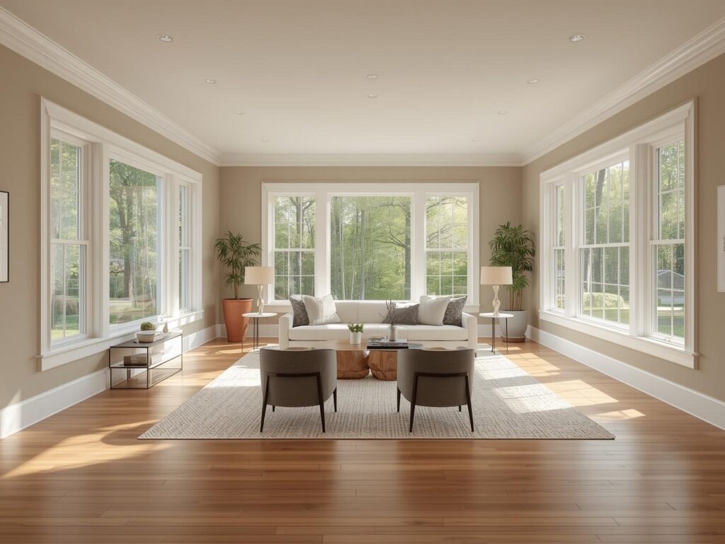 Bright room with a wall of windows