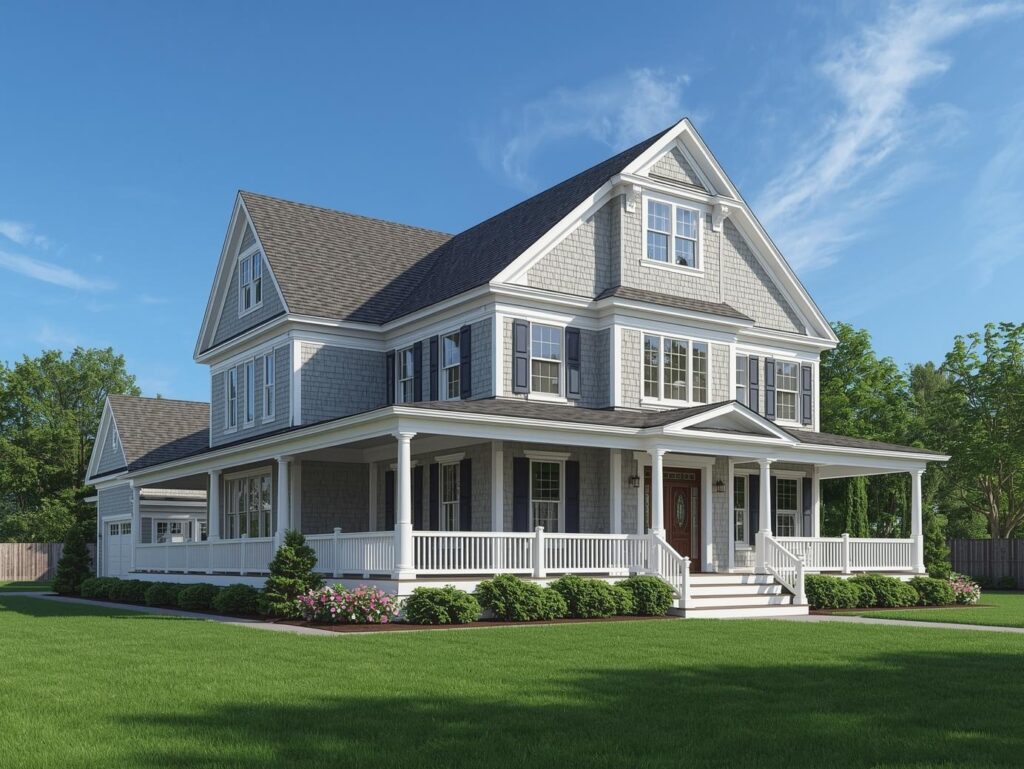 Colonial home exterior with wraparound porch