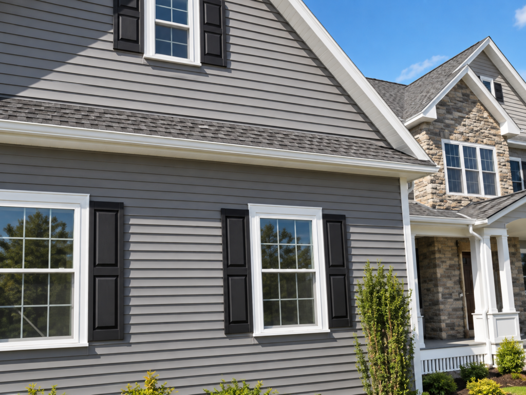 Gray vinyl siding with black shutters