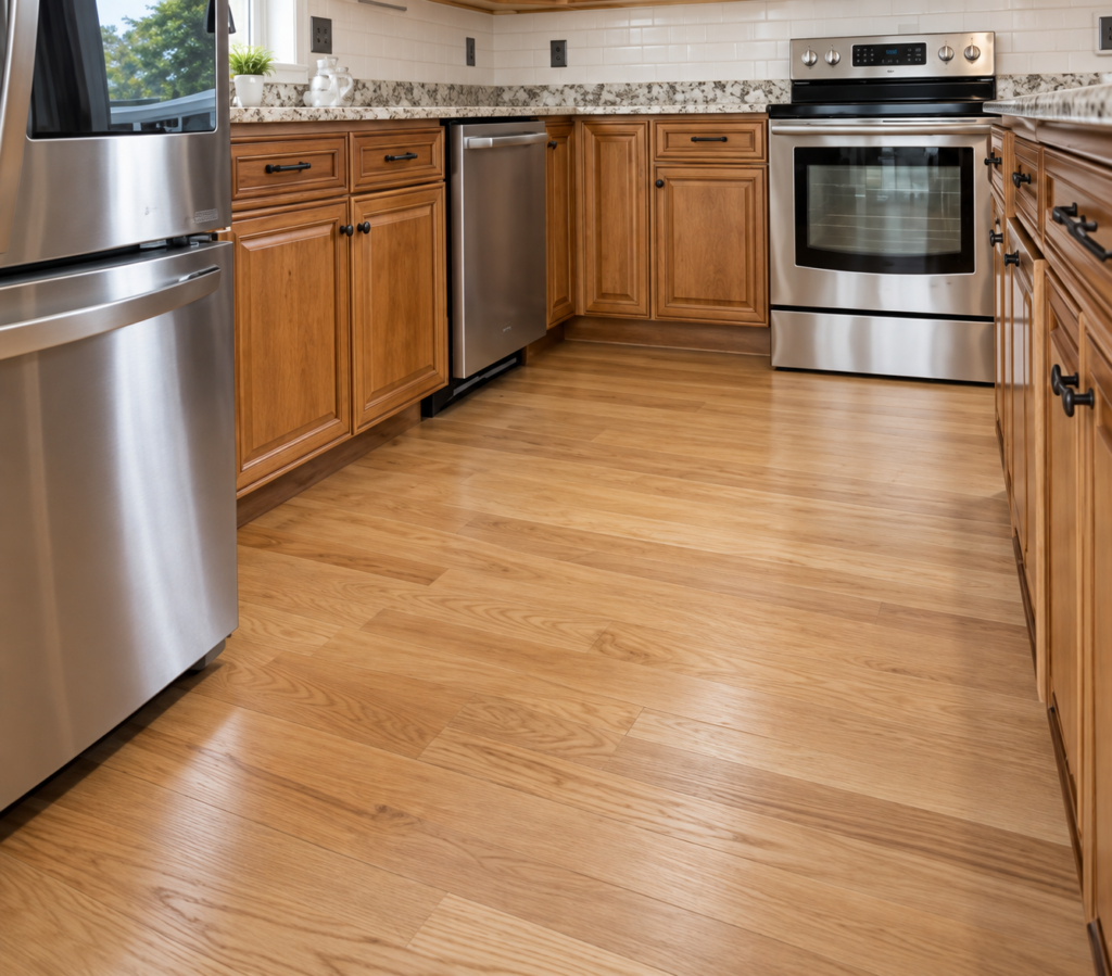 Kitchen with wood cabinets and oak floors