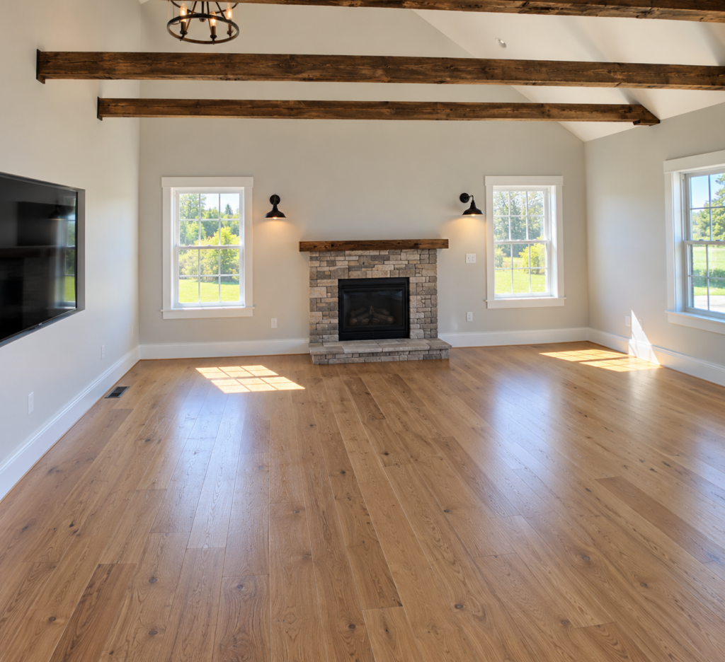 Open living room with fireplace and hardwood floors