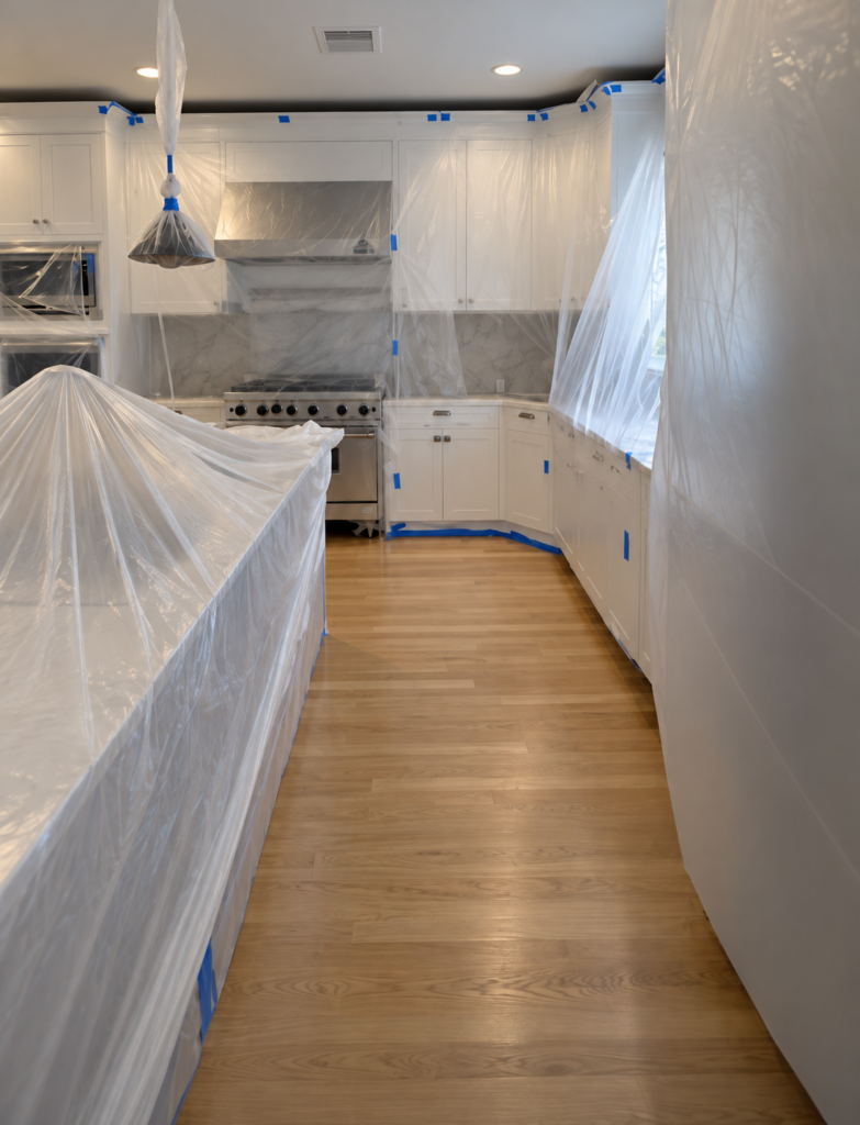 Kitchen and floors covered and protected before work